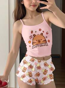 2pcs Cute Cartoon Capybara Pattern Cream Pink Teen Girls Casual Camisole And Shorts Pajama Set, Suitable For All Seasons