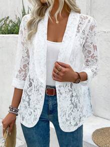 EMERY ROSE Ladies' Lace Loose Jacket With Shawl Collar And Half Curve Hem For Holiday Party Clothes