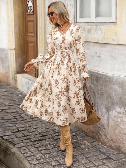 Brillora שמלה באורך בינוני עם שרוולים ארוכים מקושקשים והדפס פרחוני לנשים, חופשה, שמלת פרחונית לנשים, שמלת בוהו פרחונית, שמלת קיץ לנשים, שמלת חופשה פרחונית לנשים, שמלת סתיו פרחונית, שמלה פרחונית עם שרוולים ארוכים, שמלת פרחונית לנשים, תלבושות למורה לנשים, תלבושות סתיו לנשים, שמלה פרחונית עם שרוולים ארוכים לנשים