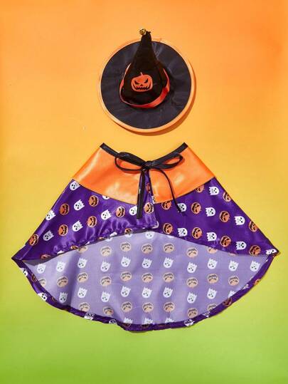 PETSIN Set de 1 pelerină și pălărie de Halloween pentru animale de companie, pelerină reglabilă cu dovleac și fantomă pentru pisici și câini