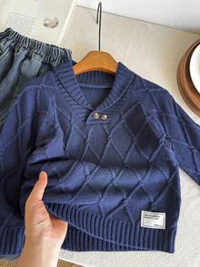 SHEIN 男童休闲日常百搭舒适宽松加厚针织套头毛衣，秋季藏蓝色毛衣，冬季 - 藏蓝色 - 查看 2