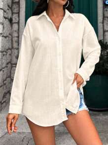 EURMUSE Blouse With Curved Hem, Drop Shoulder, Buttoned Shirt, Linen Fabric - Krim - View 3