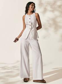 Easelle Set de 2 piezas Top de Tirantes y Pantalones Lisos de Mujer para Vacaciones - Blanco - Ver 3