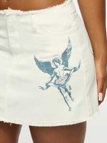 SUMWON WOMEN Angel Print Raw Edge Mini Denim Skirt Y2k Aesthetic Festival Wear Cherub Embellished Distressed Cotton Bottom - White - View 7