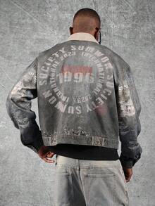 SUMWON جاكيت جينز مقصوّر بطراز فينتاج، تصميم مطبوع مهترئ لثقافة الغرانج، ملابس الشارع الحضرية بقصة مريحة، موضة كلاسيكية كاجوال للربيع والخريف، طراز رجعي