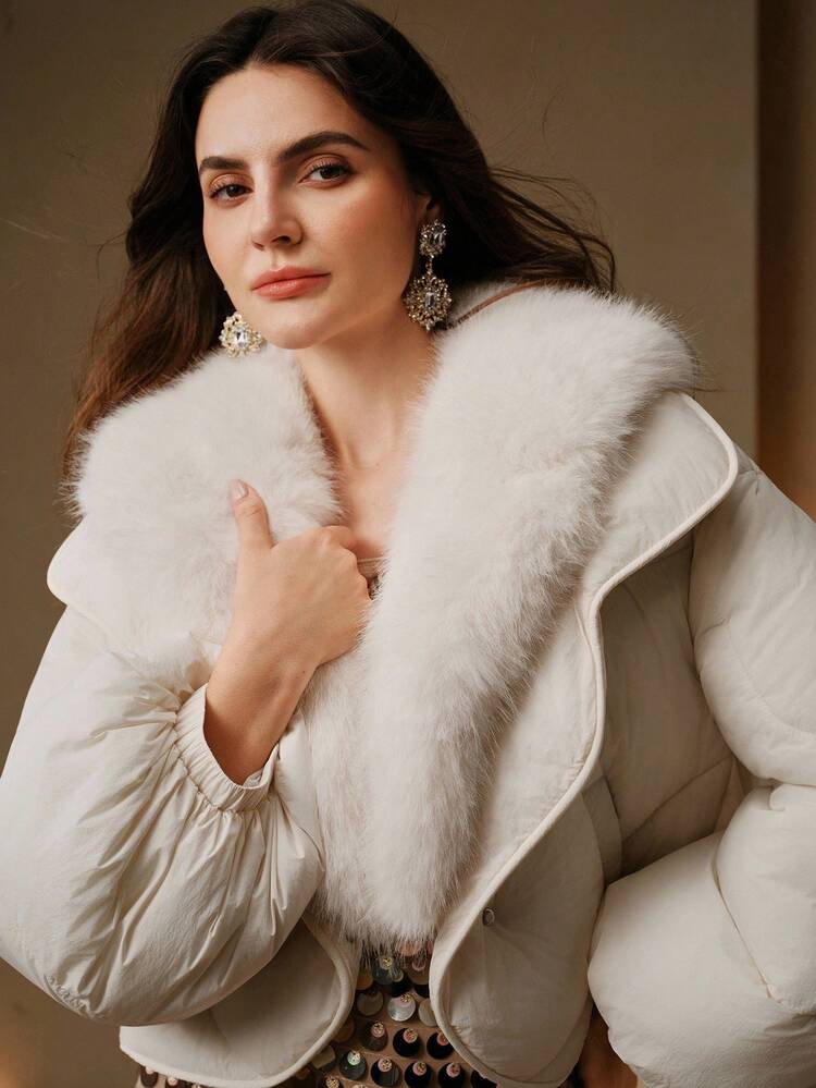 Abrigo acolchado con cuello de piel de zorro ártico, mangas farol cortas y elegante, para otoño/invierno