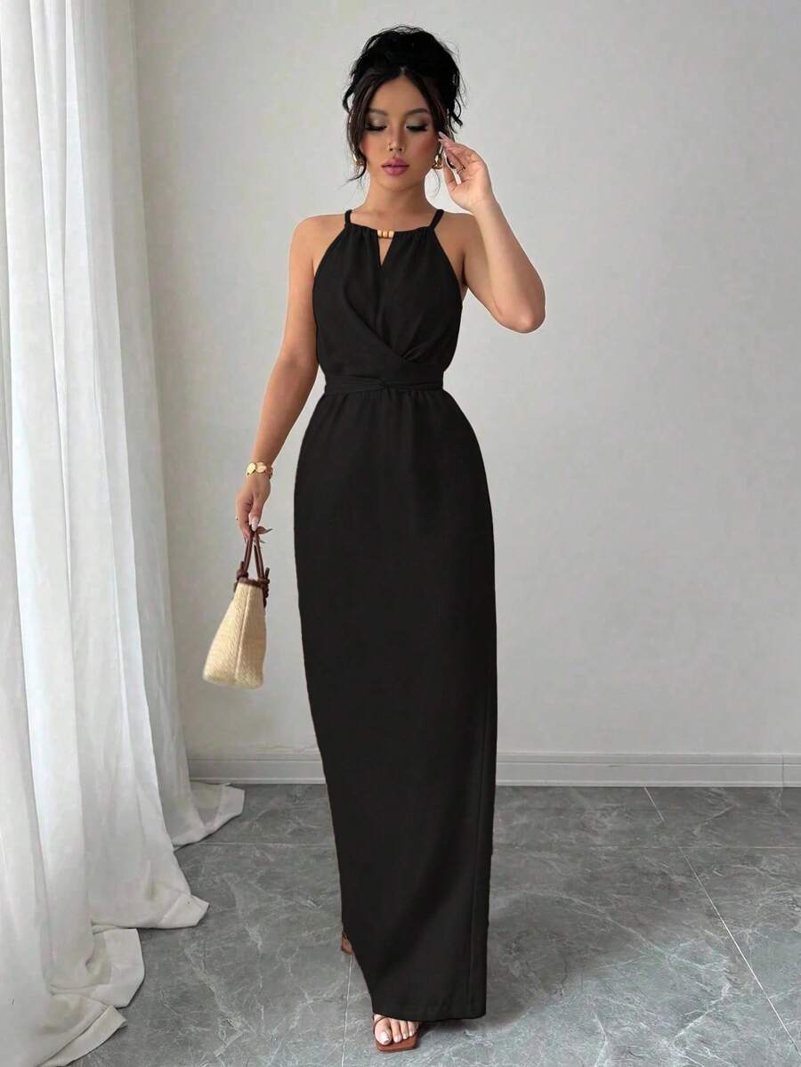 Elenzga 女式优雅休闲卡其色褶皱面料无袖串珠抽绳腰部纽扣长裙，春夏 - 黑色 - 查看 1