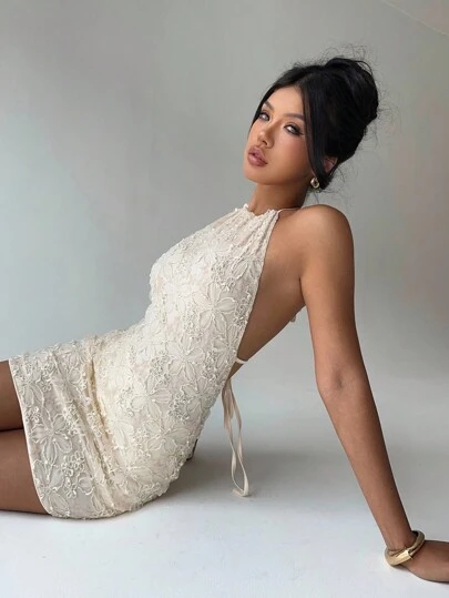 Aloruh Women's Sexy Backless Embroidered Chiffon Mini Dress, A-Line Silhouette, Suitable For Vacation