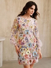 Anewsta Elegant Round Neck Lantern Sleeve Dress With 3D Floral Embroidery And Mesh, Autumn