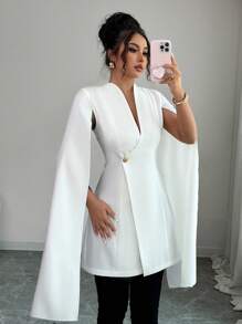 Elenzga Damen elegante weiße Jacke mit geraffter Taille, leicht - Weiss - Übersicht 1