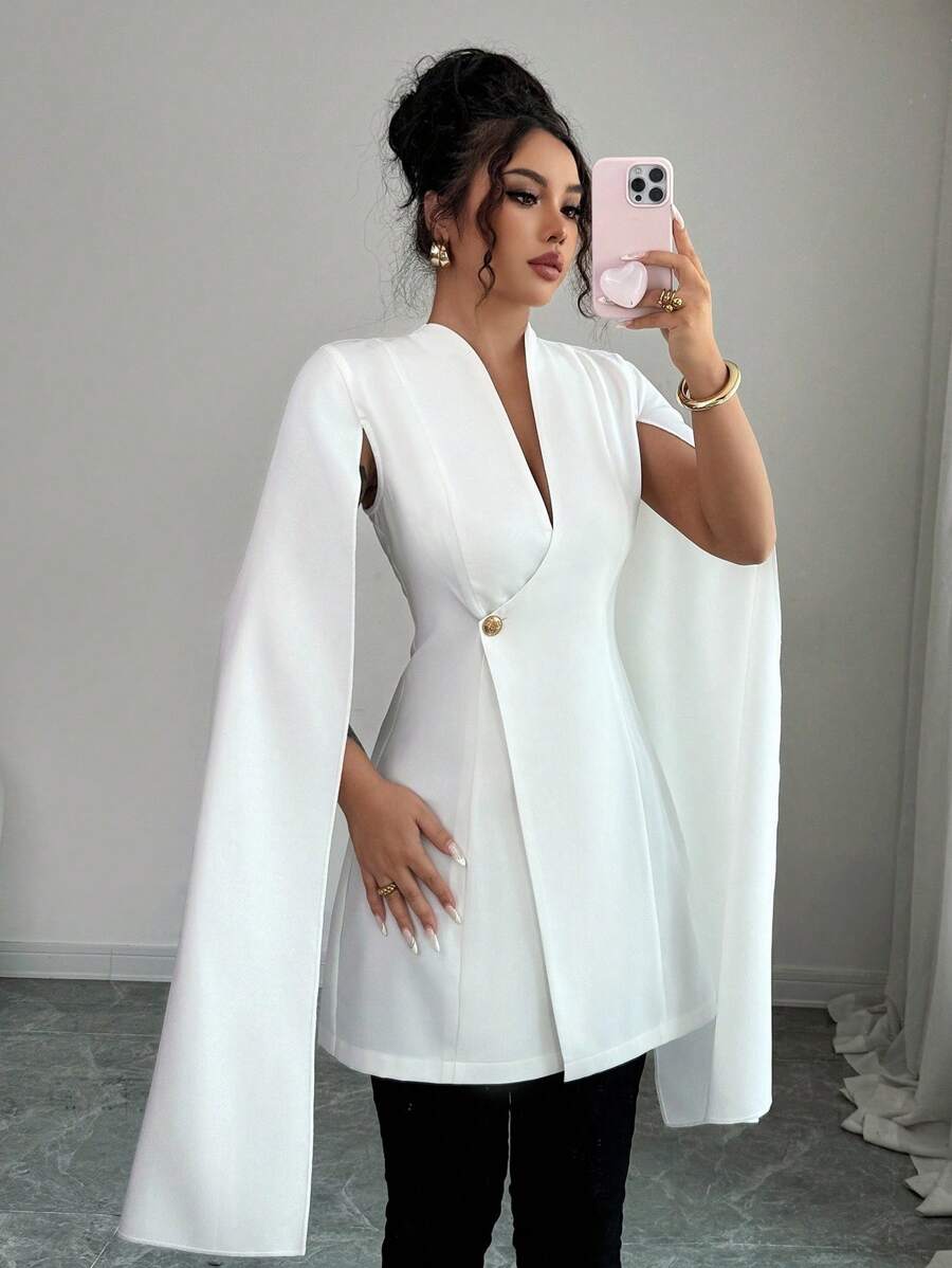 Elenzga Damen elegante weiße Jacke mit geraffter Taille, leicht - Weiss - Übersicht 1