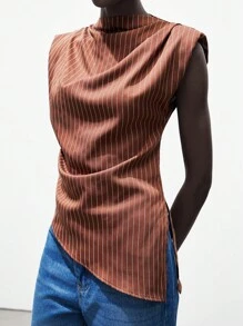 Lumivelle Women's Summer Commuter Striped Ruffle Asymmetrical Hem Blouse Maillard Style Summer Brown Clothes For University - Brown - View 3