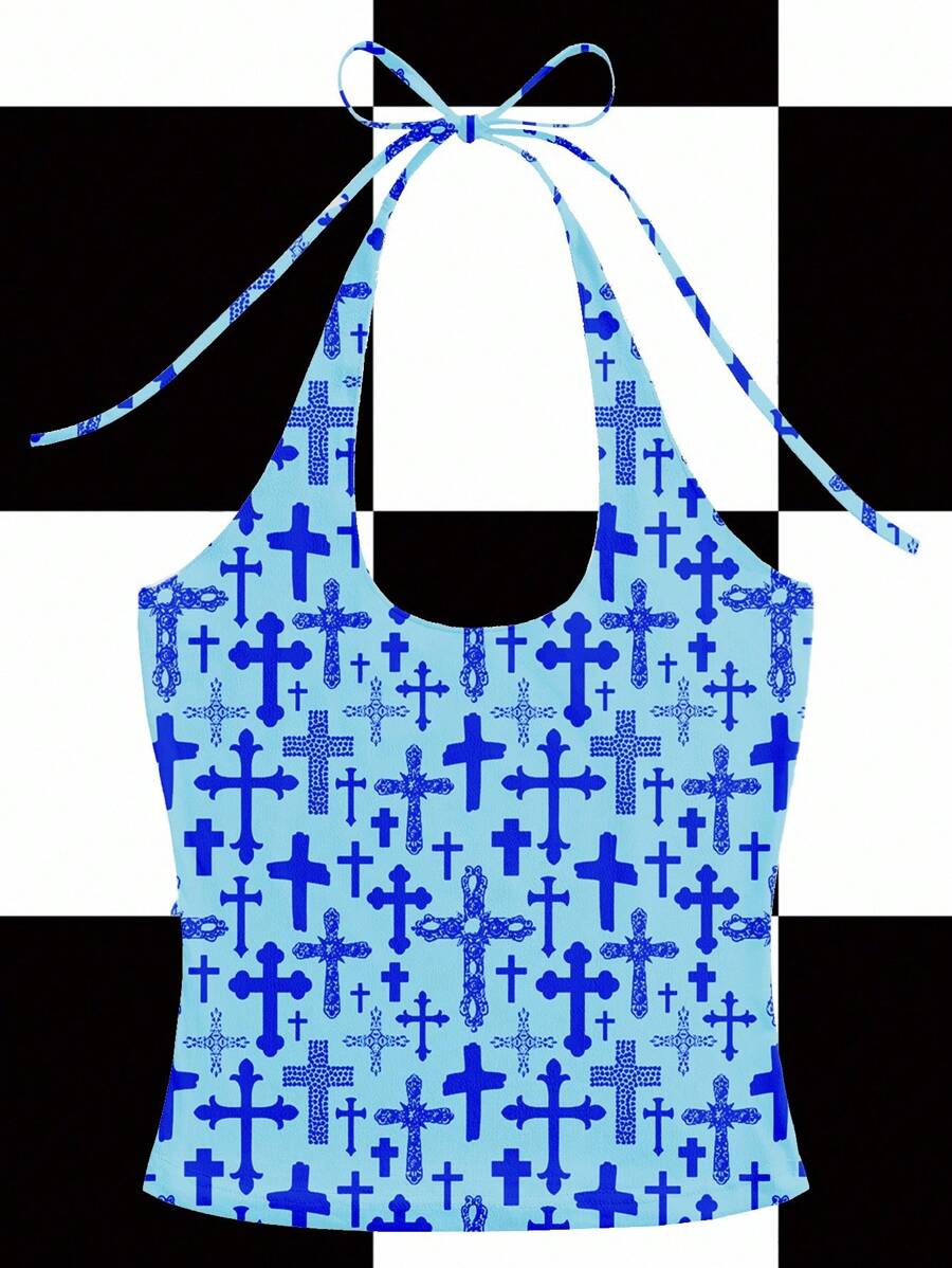 Studio Chunk Women's Summer Fashion Cross Print Backless Halter Top Blue Cross Top Blue Summer Top Blue Crop Top Blue Tops For Women Going Out Tops - Blue - View 1