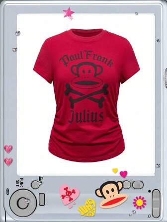 Paul Frank X ROMWE T-shirt à manches courtes col rond avec graphique singe et lettres, décontracté, pour femme, été