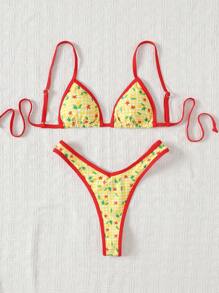 SHEIN Swim 女士夏季随机印花细肩带高开叉比基尼套装 - 彩色 - 查看 3