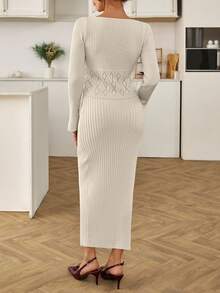 Women Square Neck Rib Knit Drawstring Detailed Sweater & Sweater Skirt Set - Cream - View 2