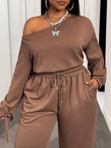 Slaydiva Ensemble 2 pièces ample à manches longues avec une épaule inclinée, un Top avec cordon élastique à la taille et poches, et un pantalon à jambes larges. Couleur brun foncé. Convient pour l'automne/hiver, le retour à l'école, le style de rue, les sorties, le travail, l'aéroport, les fêtes, le quotidien, etc. - Tabac - Voir 7