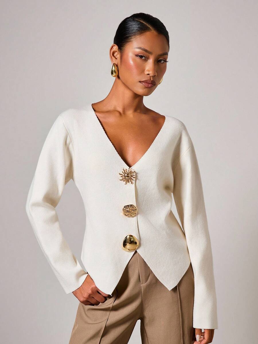 COSMINA Women's Elegant Metal Button V-Neck Cardigan Sweater, Autumn/Winter,Fall - Cream - View 1