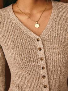 Poéselle 女士休闲通勤开襟纽扣修身开衫，女士冬季毛衣，新年派对休闲毛衣，秋冬季女士休闲毛衣，复古优雅女士，秋冬季 - 卡其色 - 查看 4