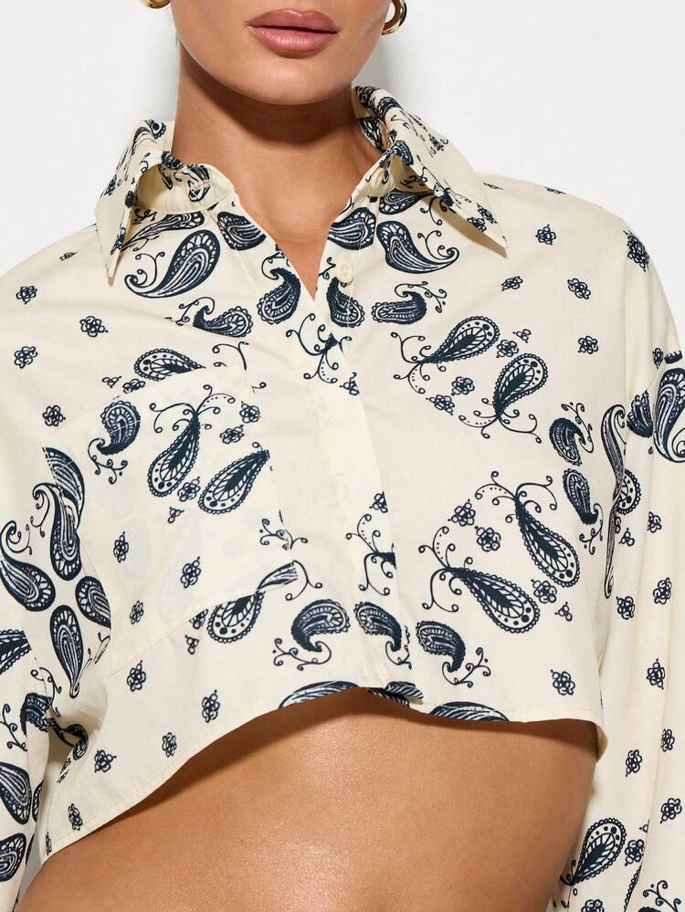 KIZN Paisley Print Cropped Button Up Blouse Long Sleeve Collared Oversized Shirt Western Style Boho Chic Festival Top