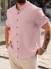Manfinity Homme 大码男士休闲纯色短袖宽松衬衫，夏季 - 粉色 - 查看 3