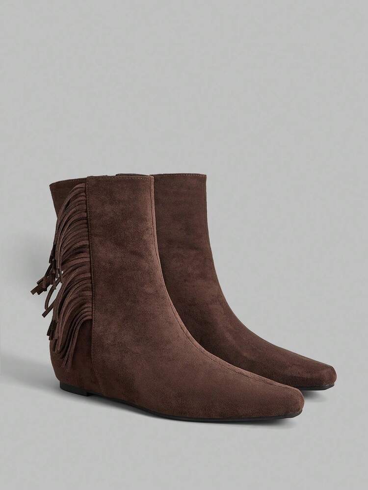 Vintage Design Fringe Ankle Boots, Suede, Brown, Flat Heel, Square Toe, Slim Fit
