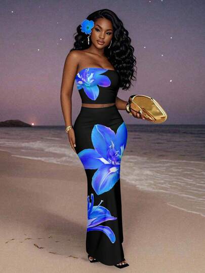 Slaydiva 2pcs/Set Women Casual Floral Print Cropped Camisole Top And Mini Skirt, Summer