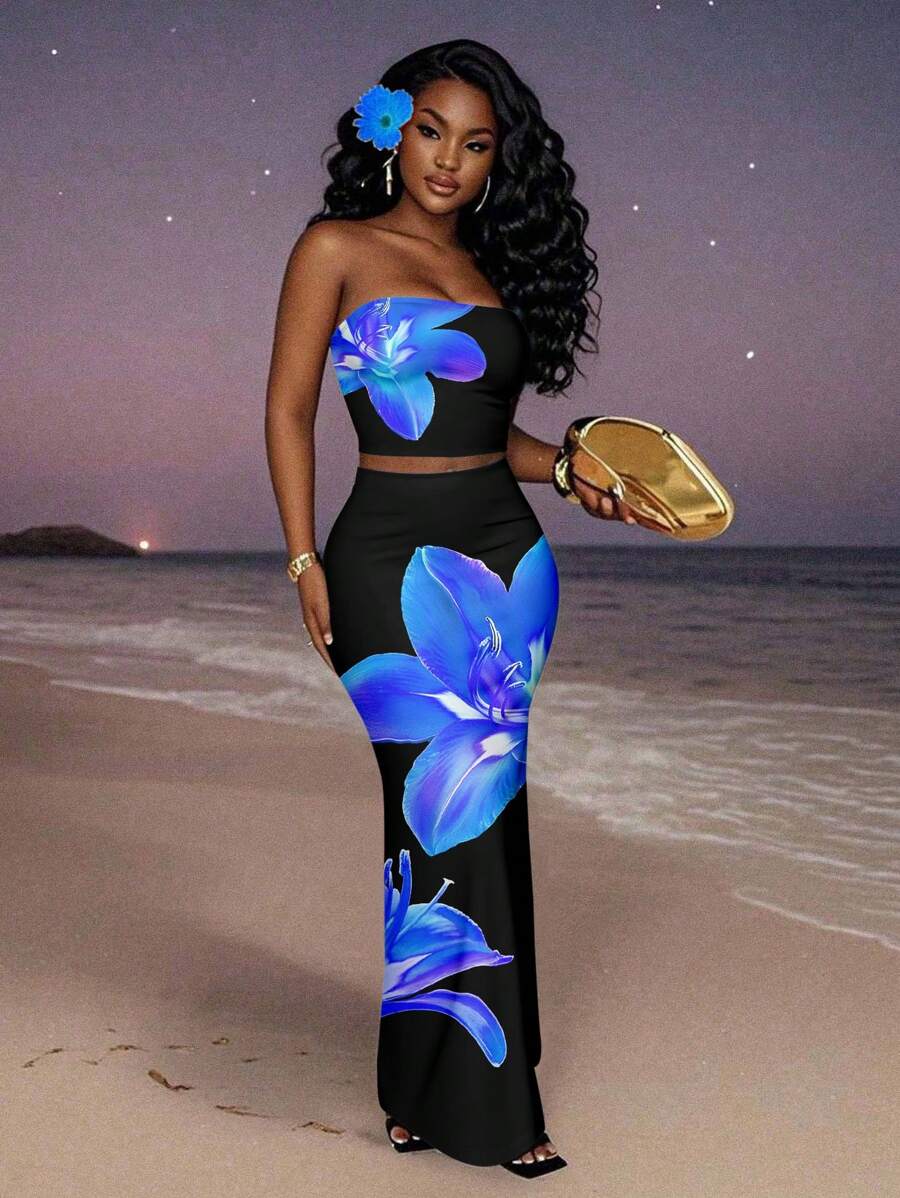 Slaydiva Bộ 2 món gồm áo hai dây ngắn in hoa và chân váy dành cho nữ, thích hợp mặc mùa hè. - màu đen - Xem 1