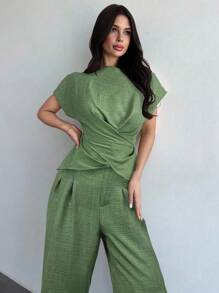 Firerie 女士优雅通勤裹胸系腰上衣和阔腿裤套装 - 軍綠色 - 查看 5