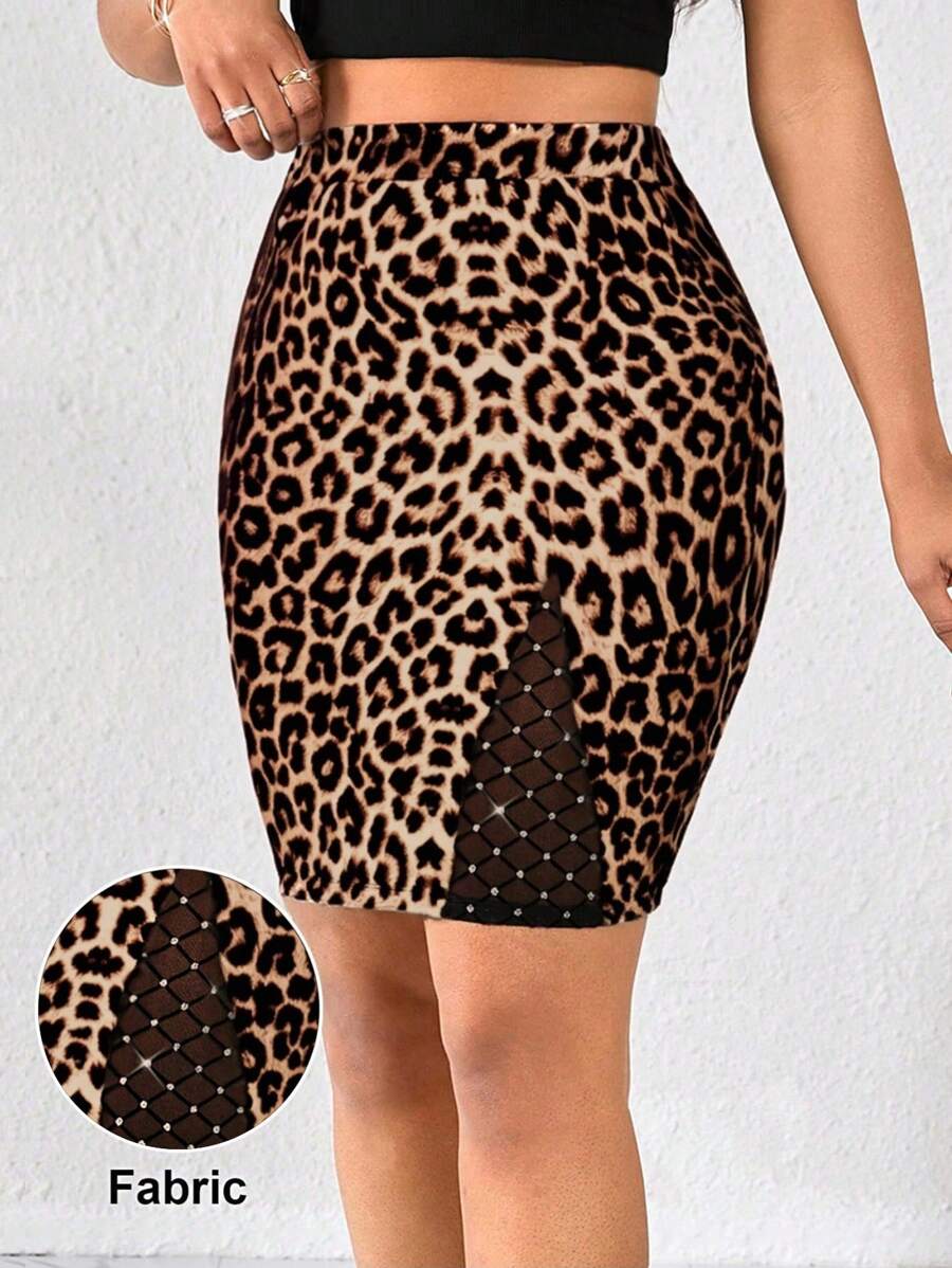 SHEIN Lady Women's Leopard Print Spliced Mesh Bright Diamond Knitted Skirt,Tan,Summer,Seksi Chic,Date Night Elegant Vacation Business Casual Office Work Skirt