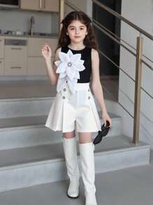 Ensemble de commutation élégant pour jeune fille composé d'un débardeur noir décoré de fleurs 3D et de shorts blancs - Noir et Blanc - Voir 7