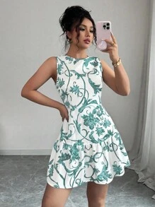 Elenzga 最新款花卉印花圆领无袖收腰女式迷你连衣裙，春夏