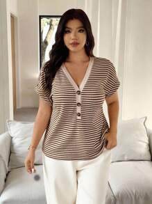 Vionelle Áo thun tay ngắn cổ chữ V kẻ sọc cỡ lớn cho nữ, phong cách nghỉ dưỡng giản dị lãng mạn thanh lịch - Cà phê nâu - Xem 5