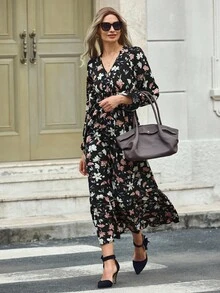 EMERY ROSE Vestido largo con estampado floral, mangas de volantes y bajo con volantes para mujer