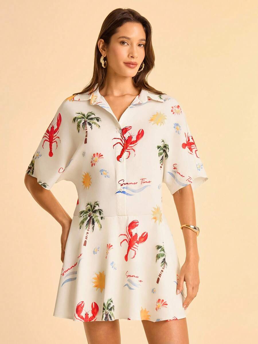 CAJUNI Women's Vacation Shallow Yellow Ocean Element Lobster, Palm Tree, Starfish Printed Shirt Collar Short Sleeve Button Down Waist 2 In 1, Summer Vacation, Date, Party, Beach Printed Jumpsuit