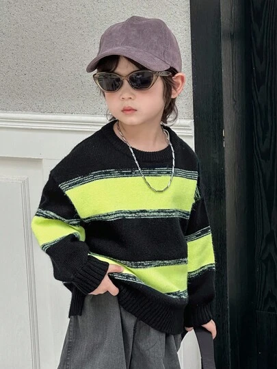 DAZY 幼儿男童条纹宽松拼色圆领长袖毛衣，秋季休闲装