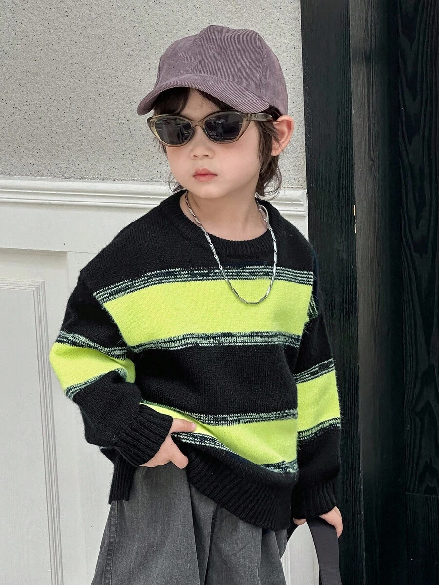 DAZY Young Boys Striped Loose Fit Colorblock Crew Neck Long Sleeve Sweater, Casual For Autumn - Black - View 1