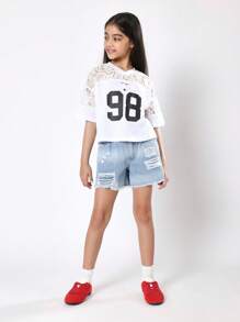 SUMWON Sports Jersey Style Baseball Tee Lace Mesh Panel Varsity Number 98 Girls Top Athletic Summer Casual Streetwear School Team Spirit Wear - White - View 5