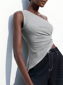 Maija Women Asymmetrical Hem Metal Decor Sleeveless Bodycon Crop Top, Versatile Stylish Chic Design, Pale Yellow Old Money,Going Out Tops Women - Grey - View 7