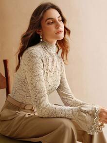 Anewsta 女士优雅珍珠蕾丝高领喇叭袖上衣，秋冬 - 卡其色 - 查看 7
