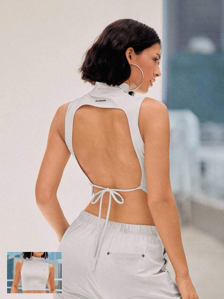 ナイロン製 ビッグムーブ ストレッチ 反射素材 通気性 オープンバック クロップド ハイネック レースアップタンクトップ ローインパクト ダンス ヨガ ピラティス バー スタジオ デイリーカジュアル ウェア