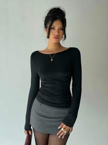 Aloruh 女式纯色后扣撞色蕾丝长袖修身时尚T恤上衣 - 黑色 - 查看 2