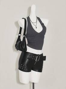 SHEIN ICON Women's Slim Fit Casual Halter Neck Solid Color Adjustable Buckle Tank Top