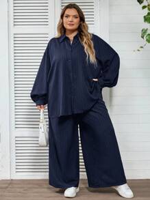 SHEIN CURVE+ 大码休闲纯色衬衫和裤子两件套 - 藏蓝色 - 查看 7