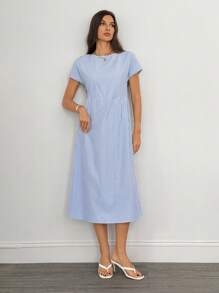 SHEIN Tall 女款休閒條紋中長洋裝，夏季商務休閒女裝，婚禮賓客禮服，老錢風女裝，適合高個子女性 - 藍色 - 查看 2
