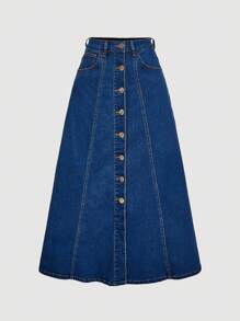 SHEIN MOD 女式前扣无袖上衣和牛仔裙两件套 - 深色水洗藍 - 查看 4