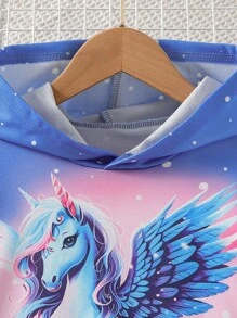 Conjunto de 2 piezas de sudadera con capucha casual con estampado de unicornio y pantalones acampanados con efecto de mezclilla para niña, de moda para uso diario en otoño e invierno - Azul - Ver 4