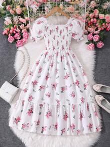 Sparklyn Tween Girls White Floral Midi Dress With Puff Sleeves And Flounce Hem - White - View 2