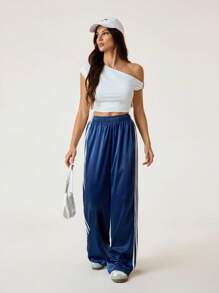 SHEIN Tall Women's Summer Y2K Streetwear Date Night Contrast Color Ribbon Striped Leather Sports Trousers