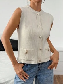 EURMUSE Women Solid Color Front Button Pocket Detailed Sweater Vest - Beige - View 5